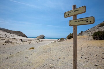 Signposts to Playa de Monsul beach, San Jose, natural preserve Cabo De Gata, Andalusia, Spain,...