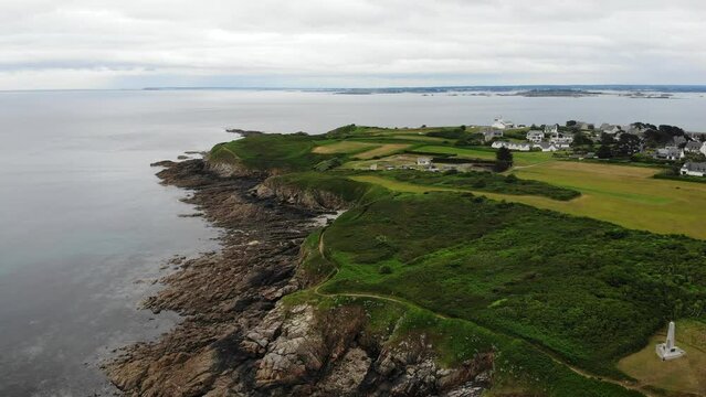 Aerial drone footage of the landscape of Pointe Du Raz coast, France
