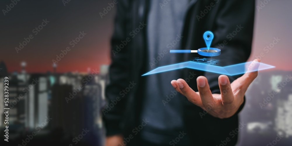 Poster 3d rendering of the locator mark of map and navigation icon sign floating over man's hand.
