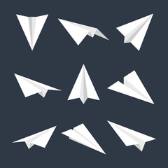 Realistic white paper planes collection. Handmade origami aircraft in flat style. Paper toy for a child. Business concept element, project startup and goal achievement. Vector illustration