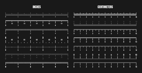 Realistic black centimeter and inch scale for measuring length or height. Various measurement scales with divisions. Ruler, tape measure marks, size indicators. Vector illustration