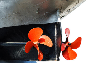 Propellers of a military boat. Fragment of a ship from the Second World War. Large blades painted...