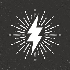 Vintage lightning bolt and sun rays on grunge background. Lightnings with sunburst effect. Thunderbolt, electric shock sign. Vector illustration