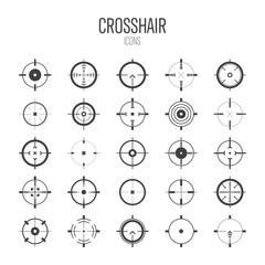 Crosshair, gun sight vector icons. Bullseye, black target or aim symbol. Military rifle scope, shooting mark sign. Targeting, aiming for a shot. Archery, hunting and sports shooting. Game UI element.