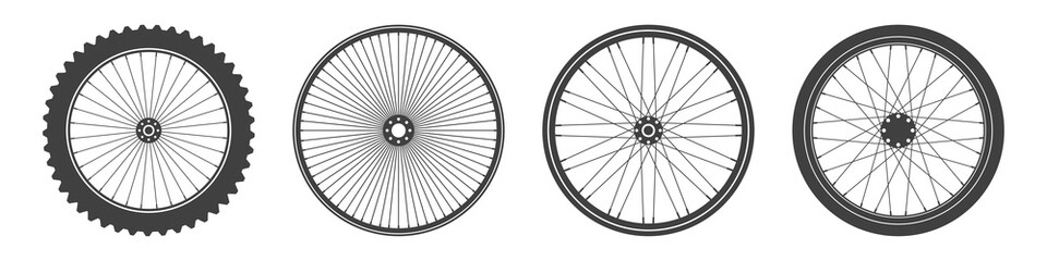 Fototapeta premium Black bicycle wheel symbols collection. Bike rubber tyre silhouettes. Fitness cycle, road and mountain bike. Vector illustration.
