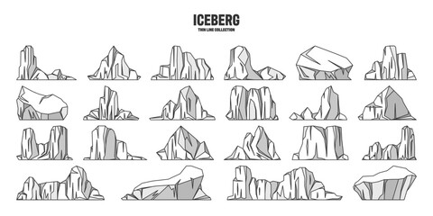 Various floating icebergs. Drifting arctic glacier, block of frozen ocean water. Icy mountains with snow. Melting ice peak. Antarctic snowy landscape. Outline drawing, sketch. Vector illustration
