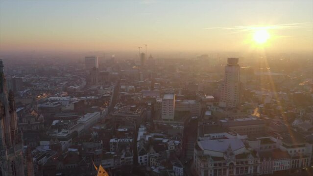 Drone footage over Antwerp at sunrise. Belgium.