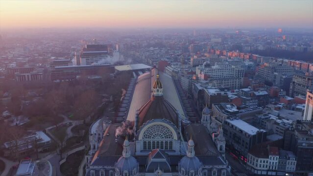 Drone footage over Antwerp at sunrise. Belgium.