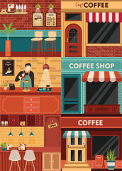 Coffee shop icon set on colorful background. vector illustration People in cozy cafe, coffee shop interior, customers and waiters, dessert menu.