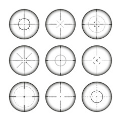 Various weapon sights, sniper rifle optical scopes. Hunting gun viewfinder with crosshair. Aim, shooting mark symbol. Military target sign, silhouette. Game interface UI element. Vector illustration