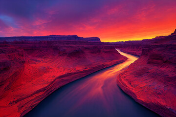 Fototapeta premium colourful mountain canyon long exposure river sunset, beautiful outdoor wonderland landscape background, 3d render, 3d illustration