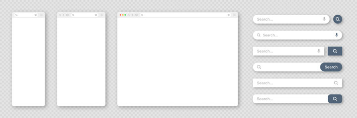 Obraz premium Blank internet browser window with various search bar templates. Web site engine with search box, address bar and text field. UI design, website interface elements. Vector illustration