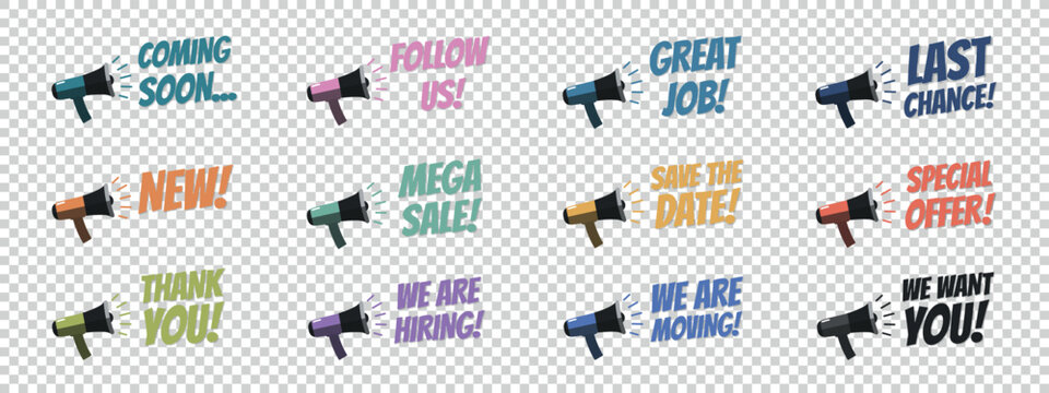 Megaphone Business Announcements Set - Different Vector Illustrations Isolated On Transparent Background