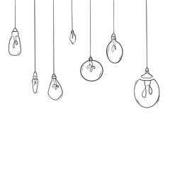 Fototapeta na wymiar Many lamps hanging from above. Light bulbs icon concept of idea. Vector on white background. Contour line.