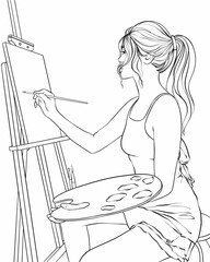 Young woman artist at easel painting. Vector line art illustration for adult coloring book page.