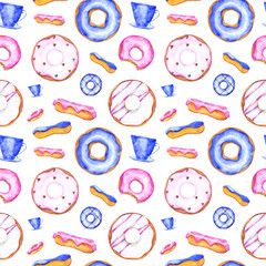 Bakery seamless pattern on a white background. Donuts, cupcakes, vintage coffee cups, eclairs, and garlands on an endless print. Watercolor doughnut illustrations. Dessert wallpaper. Birthday backdrop