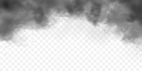 Black realistic smoke, dust clouds. Dirty polluted smog or fog with dirt particles. Air pollution, mist effect. Smoke from fire or explosion. Vector illustration