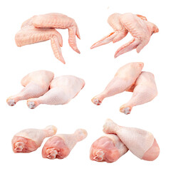 Isolated whole raw chicken parts collage png