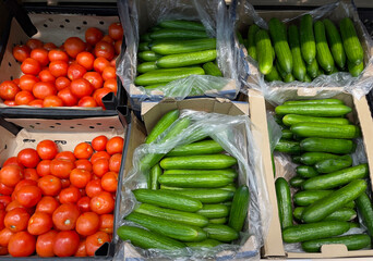 Boxes of tomatoes and boxes of cucumbers in the store. Department of vegetables in the supermarket.