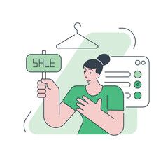 Female retailer with sale signboard online shopping seasonal discount promo advertising vector flat