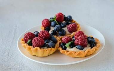 Tartlets with custard, fresh raspberries and blueberries on a light concrete background. Recipes with custard and berries. Confectionery