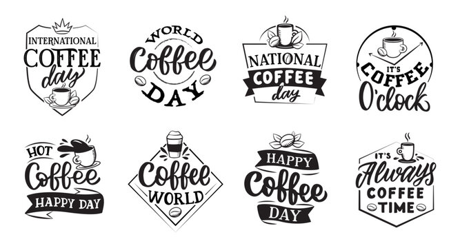 The set of lettering phrases about the coffee day. Hand-drawn quotes
