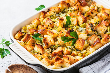 Traditional Thanksgiving stuffing. Bread casserole with celery.