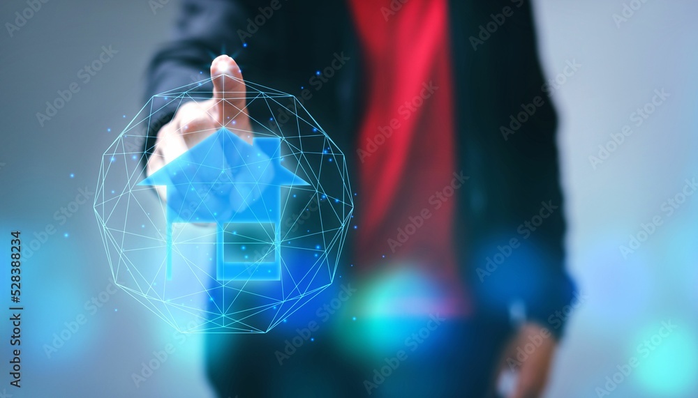 Poster closeup shot of a man showing a smart home and office automation control metaverse system