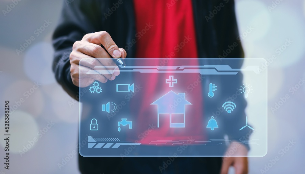 Poster closeup shot of a man showing a smart home and office automation control metaverse system