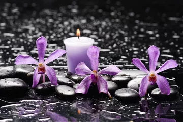 Poster spa still life of with   orchid ,candle  and zen black stones wet background  © Mee Ting