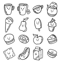 Cute Kawaii fast food meal outline doodle cartoon style Set Vector illustration