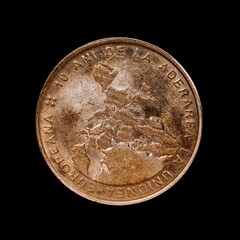 View of a France 5 centimes, 1898-1921 isolated on a black background