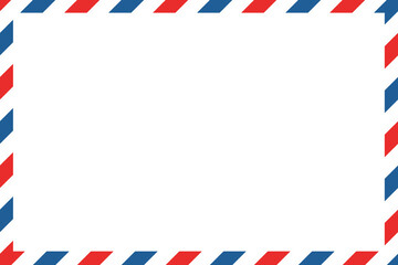 Airmail envelope frame with blue and red stripes on white background. International vintage letter border. Retro air mail postcard. Blank envelope. Vector illustration isolated on white background. - obrazy, fototapety, plakaty