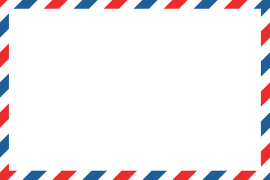 Airmail envelope frame with blue and red stripes on white background. International vintage letter border. Retro air mail postcard. Blank envelope. Vector illustration isolated on white background.