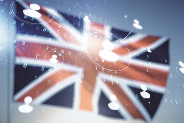 Double exposure of abstract virtual social network icons on British flag and blue sky background. Marketing and promotion concept