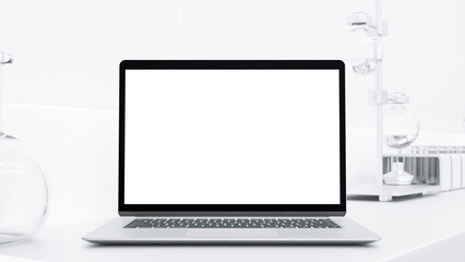 Laptop MockUp. computer in lab white room and Scientific Equipment or glassware. can be used in education, science industry background. Designed in minimal concept.3D Render.