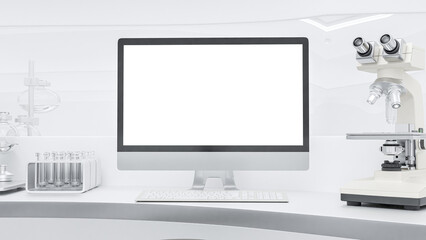 Computer MockUp. computer in lab white room and Scientific Equipment or glassware. can be used in education, science industry background. Designed in minimal concept.3D Render.