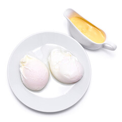 Poached Eggs on white ceramic plate isolated on white background