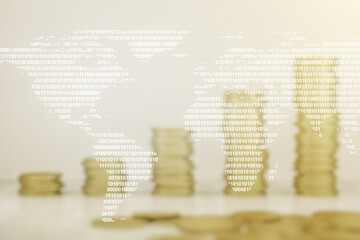Multi exposure of abstract creative digital world map hologram on growing stacks of coins background, research and analytics concept