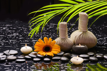 Lifestyle and Healthy Concept. Spa setting for massage treatment on black background - 528391221