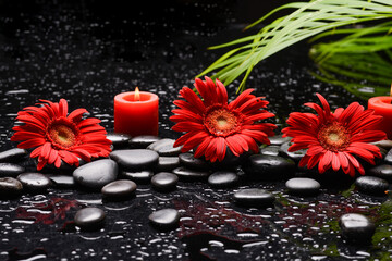 still life of with 
sunflower,candle  and zen black stones ,wet background
