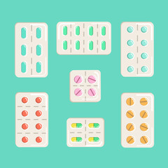 illustration collection of pills or tablets in medicine packaging