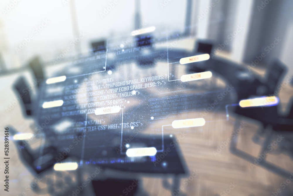Leinwandbilder double exposure of abstract programming language interface on a modern meeting room background, rese