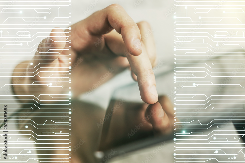 Aufkleber double exposure of circuit hologram and finger clicks on a digital tablet on background. research an