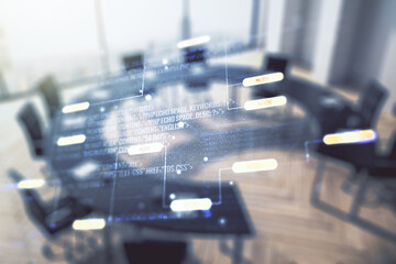 Double exposure of abstract programming language interface on a modern meeting room background,...