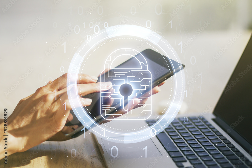 Aufkleber double exposure of creative lock hologram with chip and with finger clicks on a digital tablet on ba