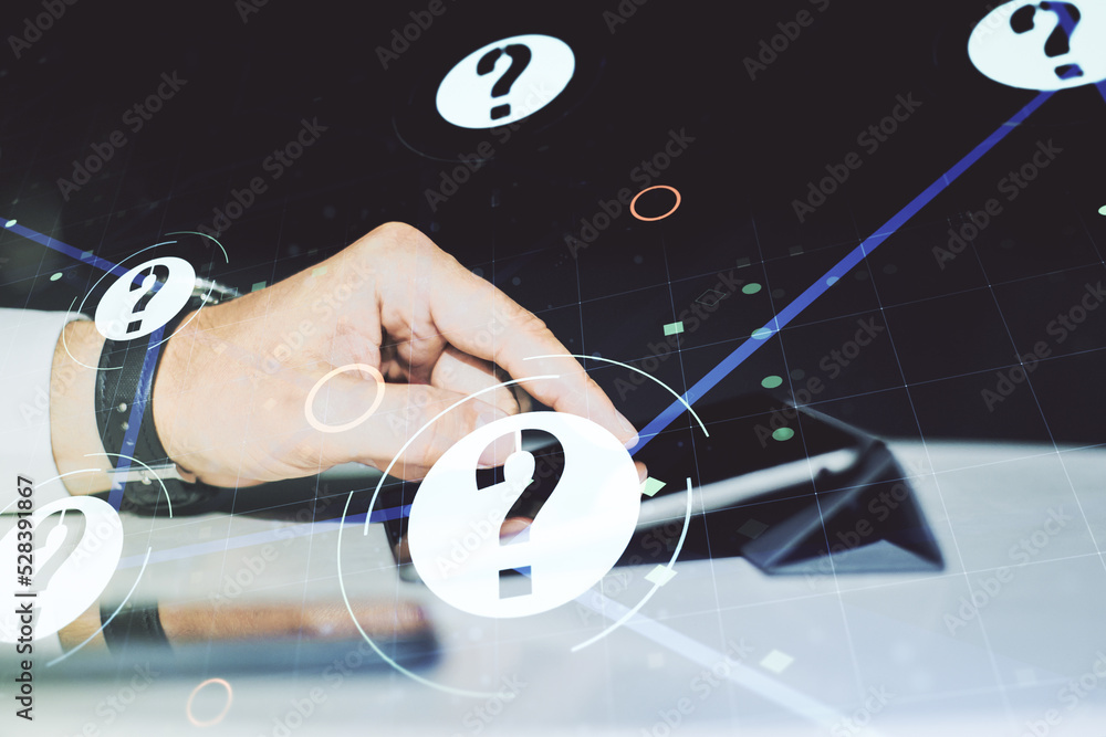 Aufkleber double exposure of question mark hologram and finger clicks on a digital tablet on background. socio
