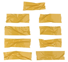 Fototapeta na wymiar Yellow scotch tape on white background, crumpled sticky tape, different sizes.