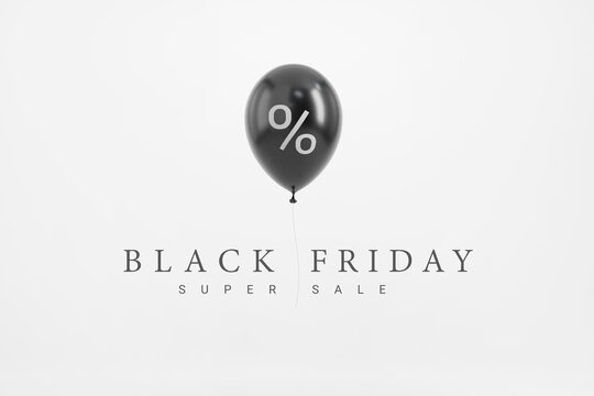 Black Friday sale with percent in black glossy balloon minimal on white background, minimalist poster, 3d rendering 