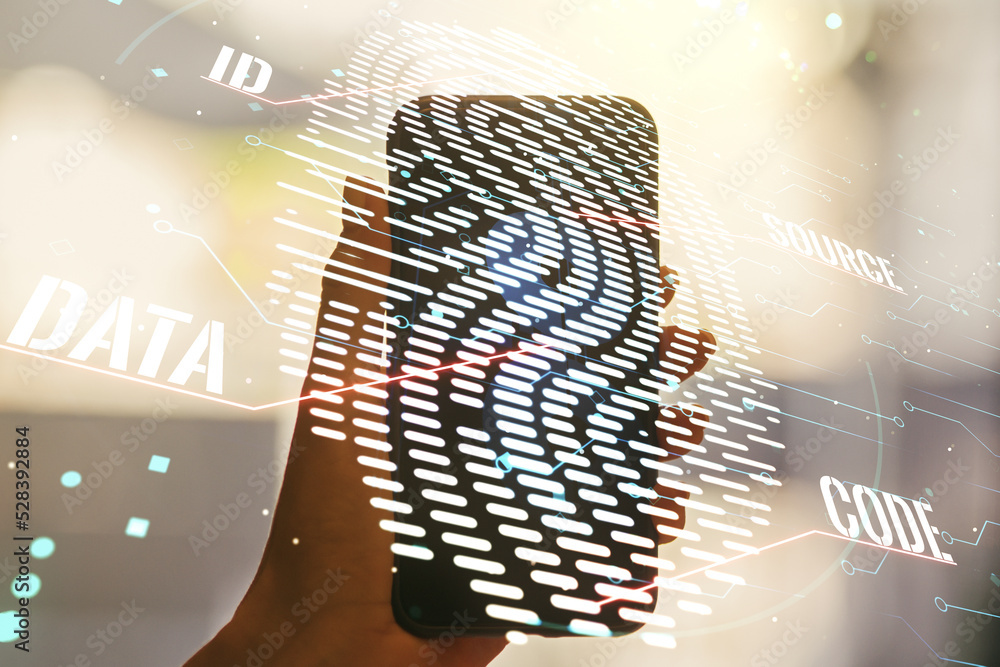 Aufkleber multi exposure of creative fingerprint hologram and hand with cell phone on background, personal bio